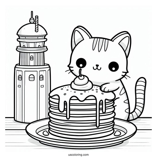 Cartoon Cat Pancake Coloring Page Tower On A Plate