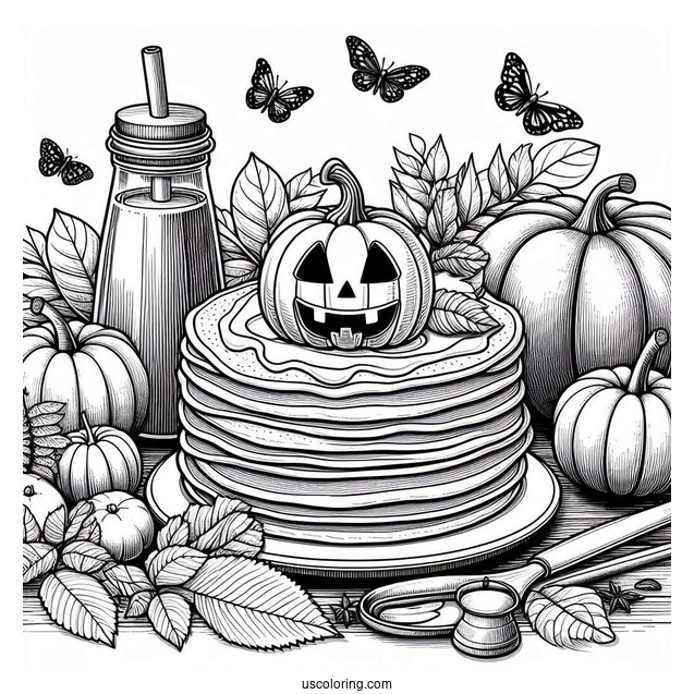 Realistic Fall Pancake Coloring Page With Jack O Lanterns