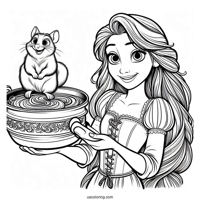 Rapunzel Holding Pan With Pascal To Color