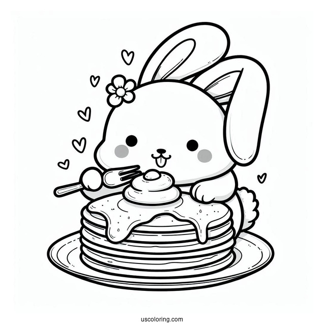 Simple Bunny Eating Fluffy Pancake Coloring Page For Preschoolers