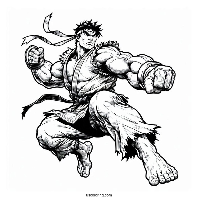 Street Fighter Coloring Page Of Powerful Ryu In Battle