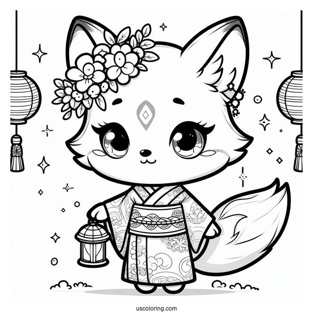 Adorable Chibi Fox Coloring Page In A Kimono Holding A Lantern For Kids