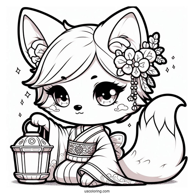 Adorable Chibi Fox Coloring Page In A Kimono Holding A Lantern For Kids