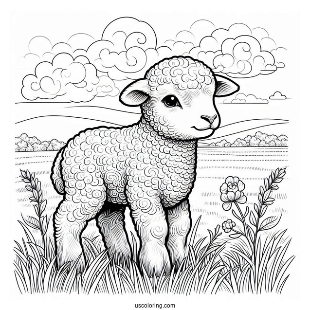 New Born Lamb Standing In Field Coloring