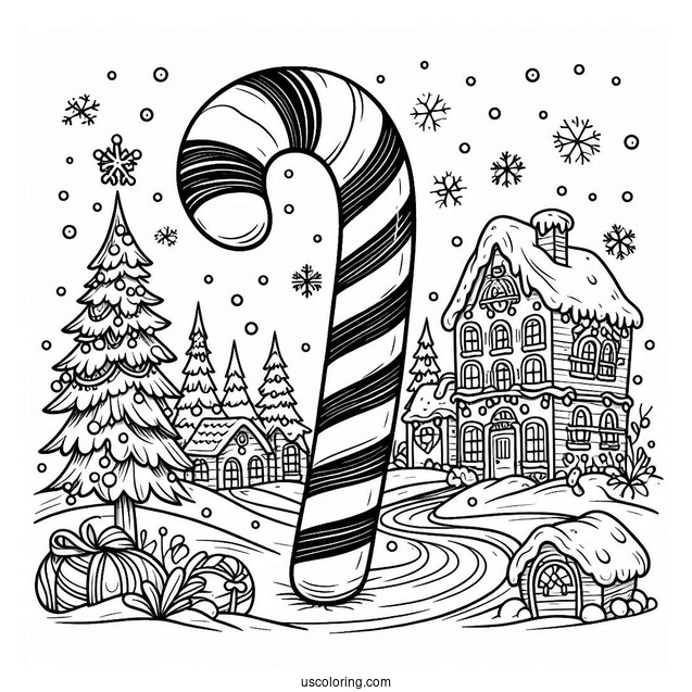 Giant Candy Cane Coloring Page In Winter Wonderland Town