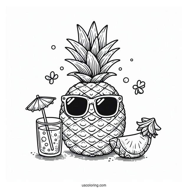 Chill Pineapple Coloring Page With Drink and Sunglasses