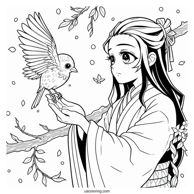 Nezuko Coloring Page And Tanjiro Holding Bird