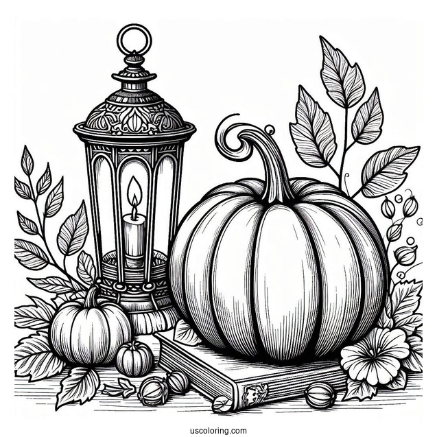 Pumpkin Coloring Page Beside A Vintage Lamp