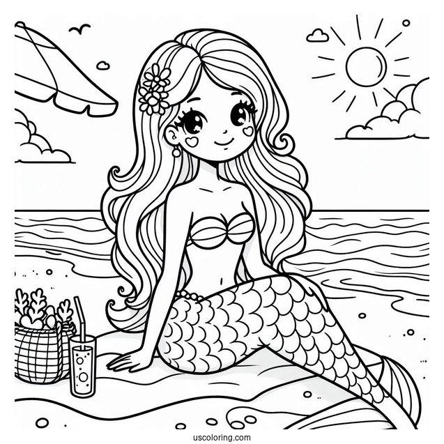 Mermaid Sitting On The Beach Coloring Sheet For Kids