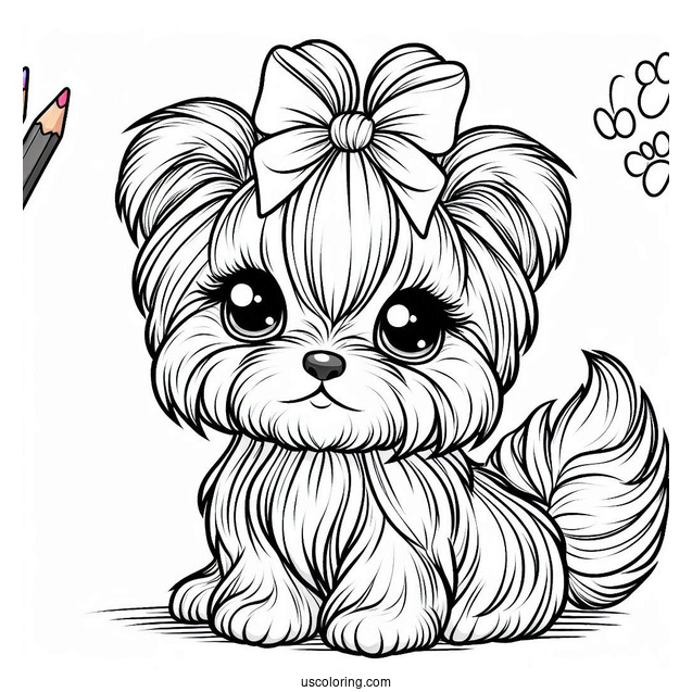 Kawaii Yorkshire Terrier With Ribbon To Color