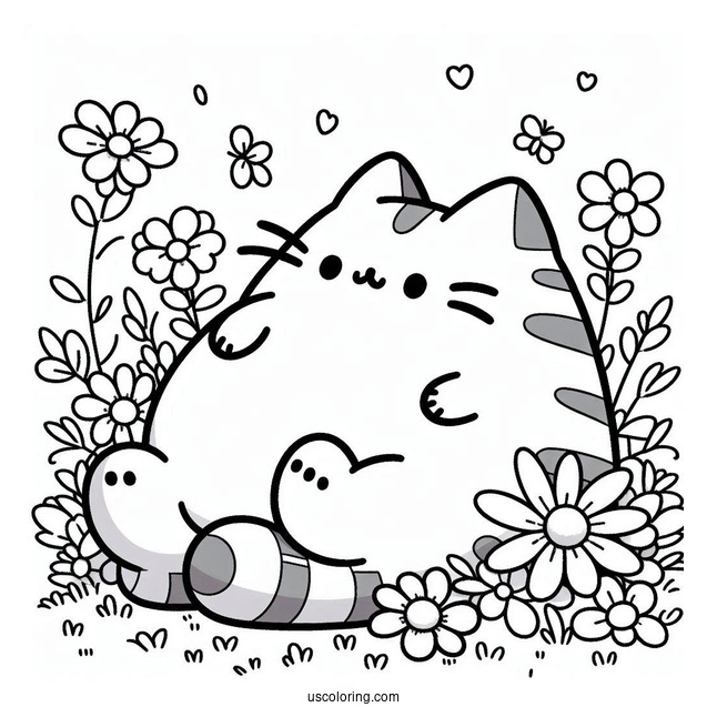 Pusheen Lying In Field With Flowers To Color