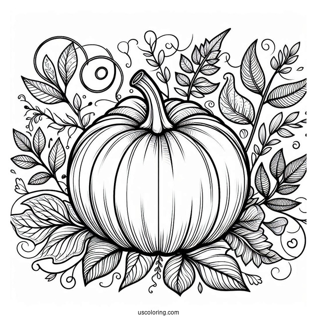 Pumpkin Coloring Page With Vines And Fall Leaves