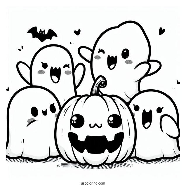 Kawaii Ghosts With Fangs Hanging Around A Jack O Lantern