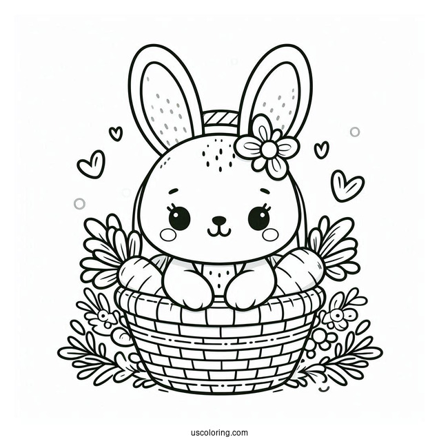 Lovely Easter Coloring Page Of Bunny With A Basket Of Carrots