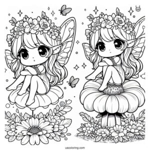 Chibi Coloring Page Fairy Sitting on a Flower For Kids