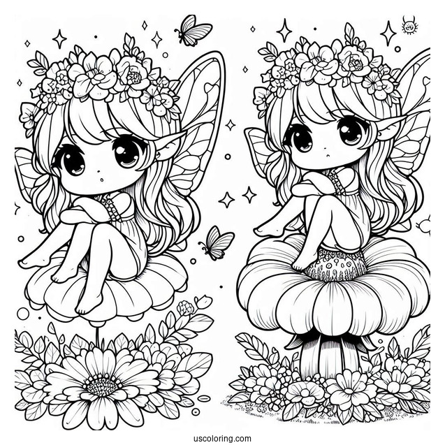 Chibi Coloring Page Fairy Sitting on a Flower For Kids