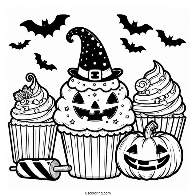 Coloring Page Of Halloween Cupcake With Jack O Lantern