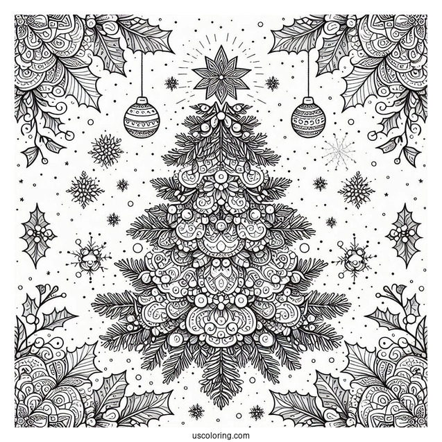 Christmas Tree Surrounded By Snow And Mistletoe Christmas Mandala Coloring Page