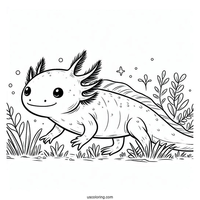 Cheerful Axolotl Coloring Page Swimming Through Weeds