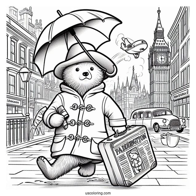 Paddington Coloring Page Rushing In London With His Newspaper, Umbrella, And Suitcase