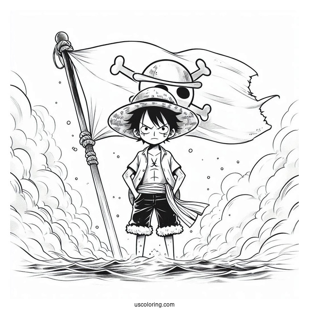 Luffy Coloring Page Standing In Front Of Straw Hat Pirate Flag With Mist