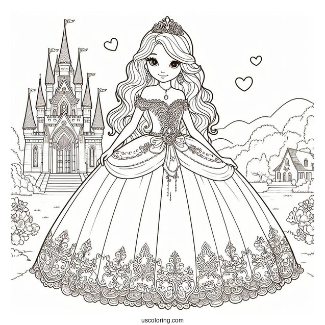 Princess Coloring Page In Wedding Dress In Front Of Castle