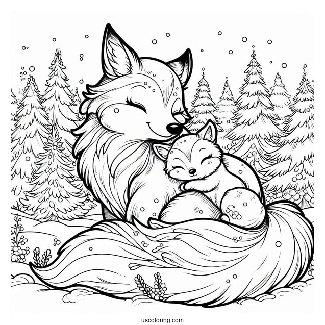 Mama Fox Coloring Page Cuddling With Baby Fox In Snowy Forest
