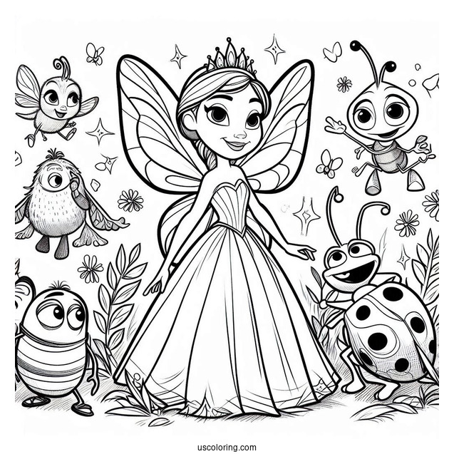 Pixar Coloring Page of Princess Atta, Flik, Heimlich, And Dot Bug s Life