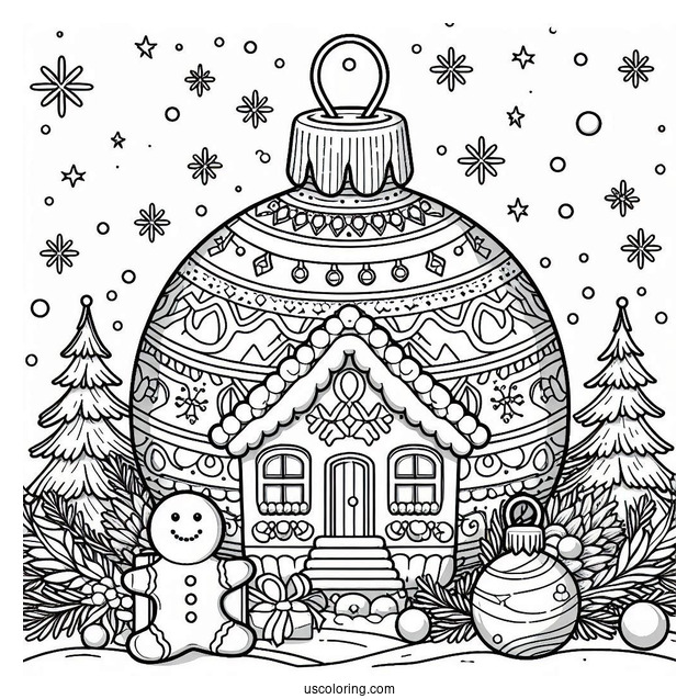 Christmas Coloring Pages For Adults Of Christmas Bauble With Gingerbread House Inside