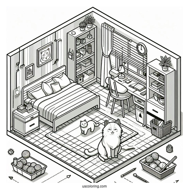 Modern Isometric Bedroom Coloring Page With A Large Cat