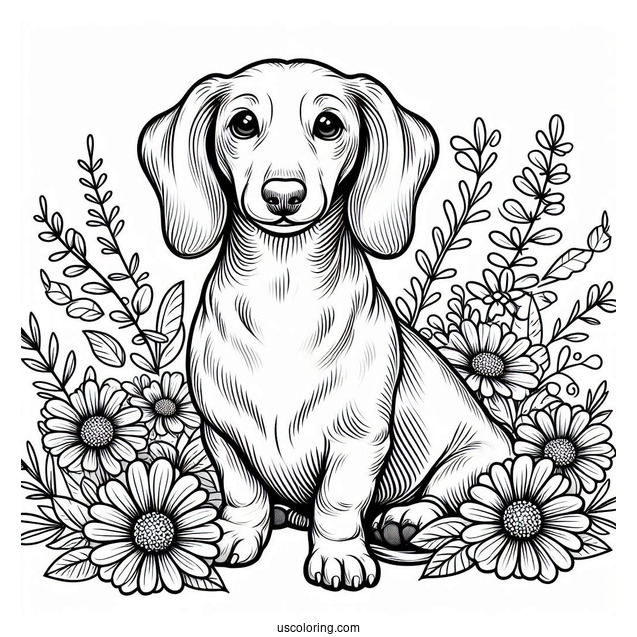 Dachshund Coloring Page Sitting With Flowers