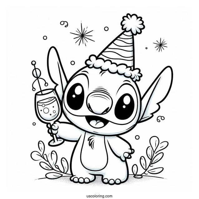 Stitch Wearing A Party Hat And Holding Up A Wineglass On The New Year Coloring Page