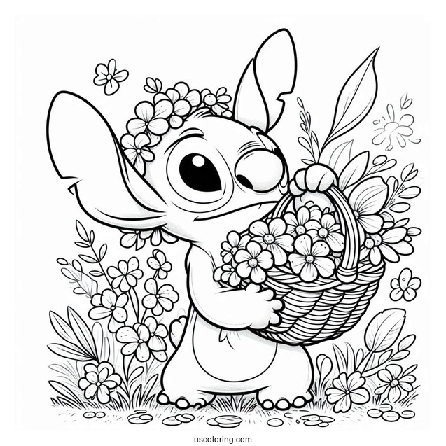 Stitch Carrying A Basket Of Flowers In Spring Coloring Page For Kids
