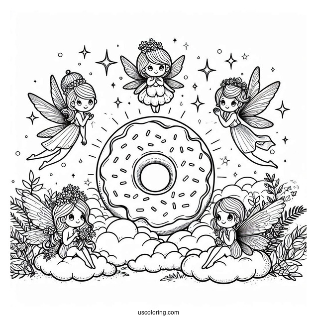 Fairies Surrounding A Donut Coloring Page In The Clouds