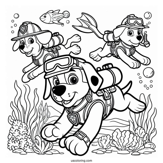 Paw Patrol Dogs Scuba Diving Coloring Page