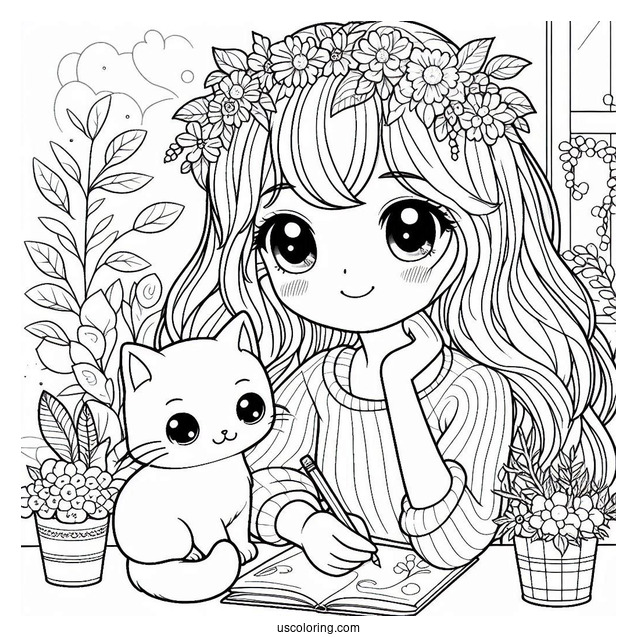 Cute Coloring Page Of Pretty Girl Playing With A Cat