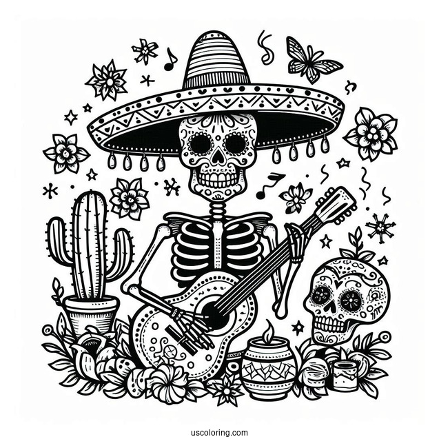Sugar Skulls Coloring Page Of Skeleton Wearing Sombrero And Playing The Guitar