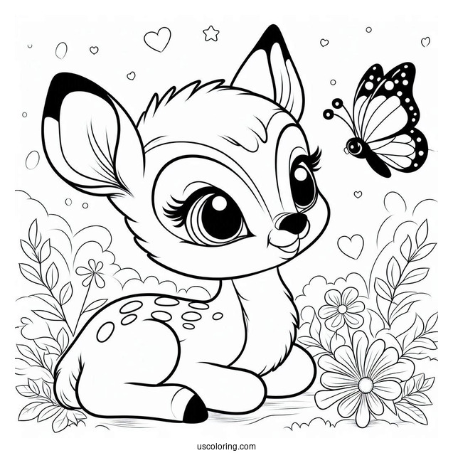 Coloring Page Of Bambi With Butterfly On Nose