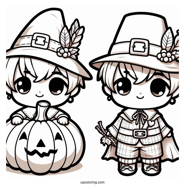 Kawaii Chibi Boy Pilgrim Coloring Page Holding A Pumpkin For Kids