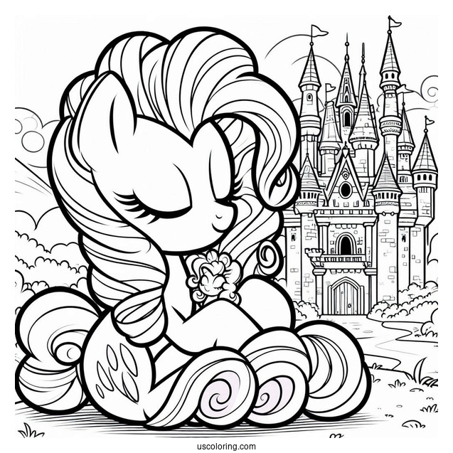 Pinkie Pie Hugging Rarity Coloring Page In Front Of A Castle