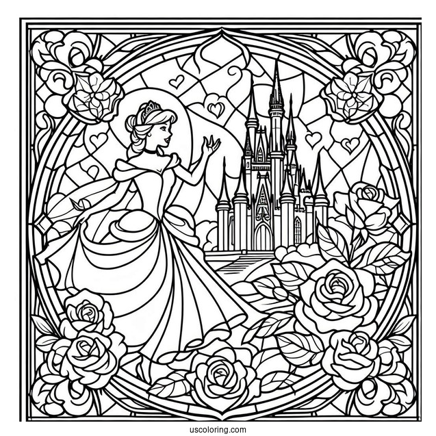 Detailed Cinderella Stained Glass With Castle And Roses