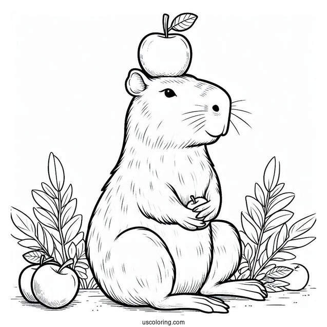 Capybara Coloring Page Balancing Apples On Its Head