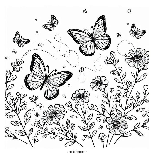 Butterflies Hovering Above Flowers In Spring