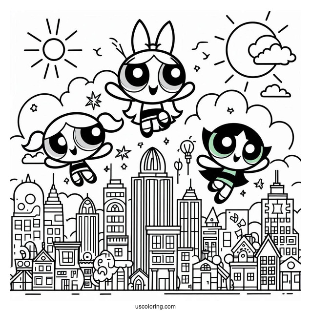 Powerpuff Girls Flying Over City To Color