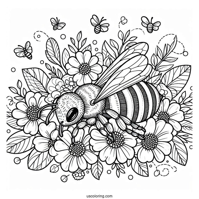 Bee Coloring Page Lying On A Pile Of Flowers And Leaves