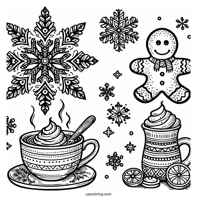 Snowflake Coloring Page With Hot Cocoa And Gingerbread Man