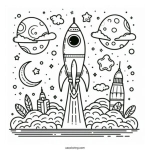 Kids Coloring Page Of a Rocket Launching
