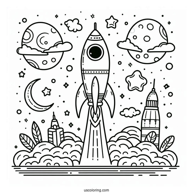 Kids Coloring Page Of a Rocket Launching