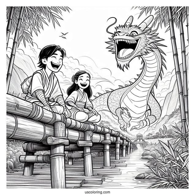 Raya And The Last Dragon Coloring Page Of Ongis Dyan, Pan, and Uka Laughing On Bamboo Bridge