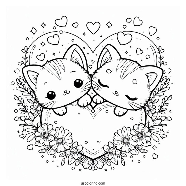 Cute Coloring Page Kittens Inside A Love Heart